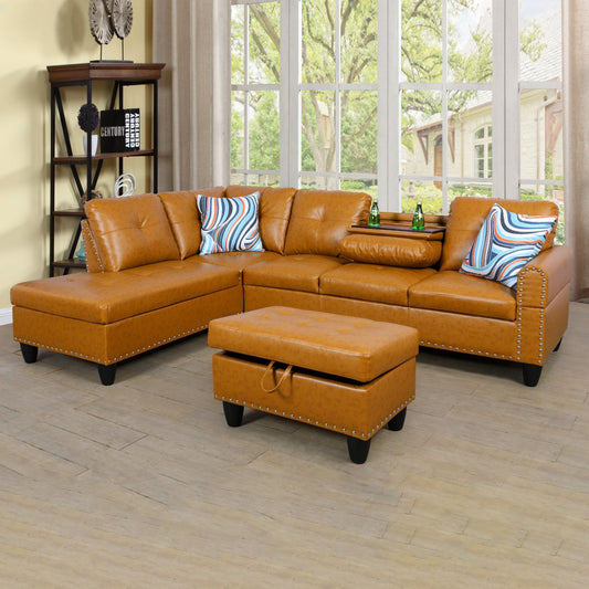 Tan brown leather sectional sofa with striped pillows