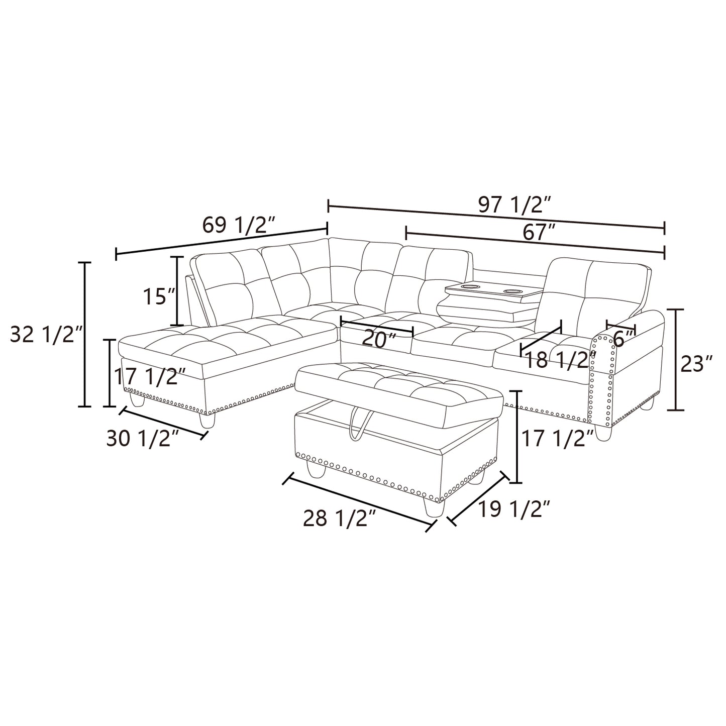 Leather tufted sectional sofa with matching ottoman for living room