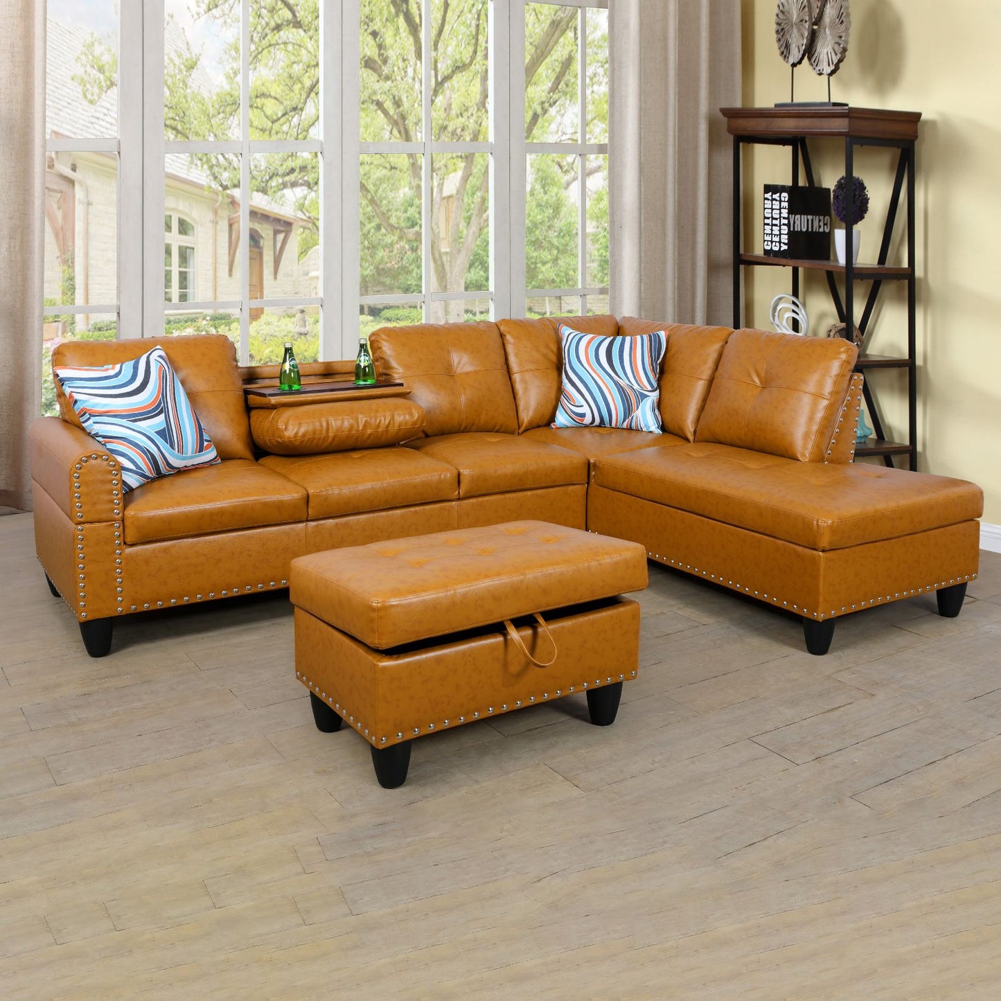 Tan leather sectional sofa with nailhead trim for living room