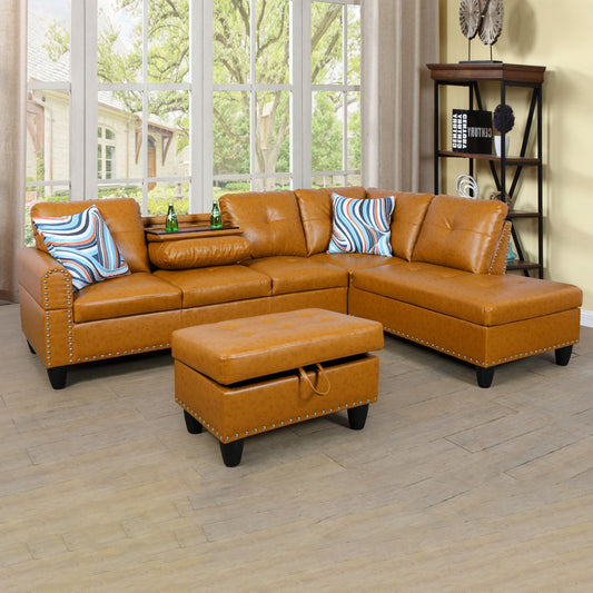 Tan leather sectional sofa with nailhead trim for living room