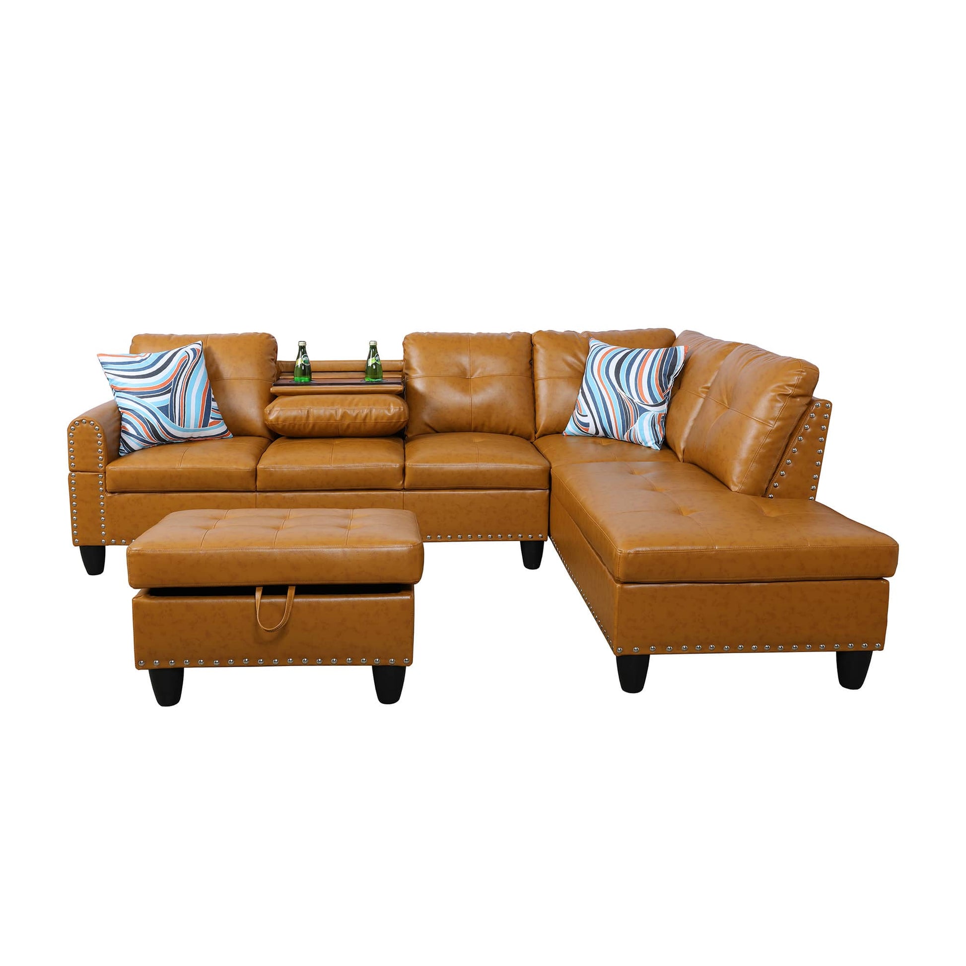 Brown leather sectional sofa with decorative throw pillows for living room