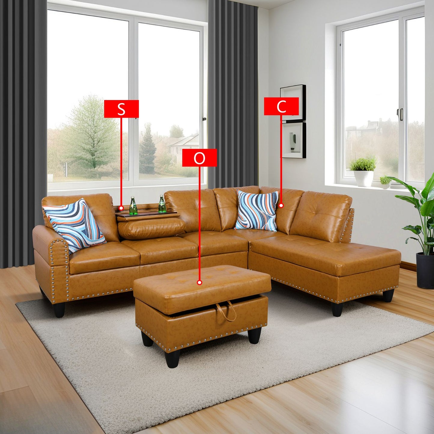 Tan leather sectional sofa with striped throw pillows in bright living room