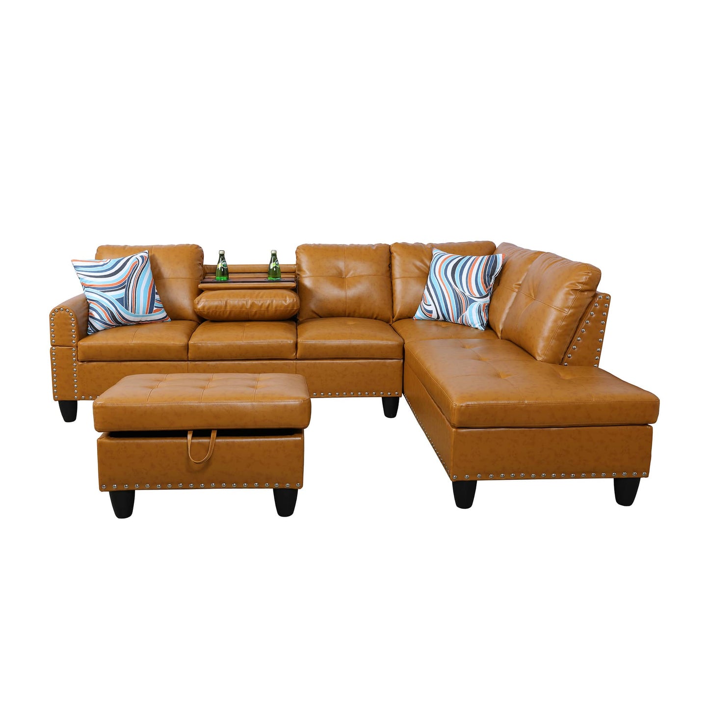 Tan leather sectional sofa with nailhead trim striped throw pillows modern living room furniture