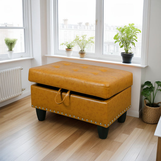 Tan faux leather storage ottoman with open storage compartment