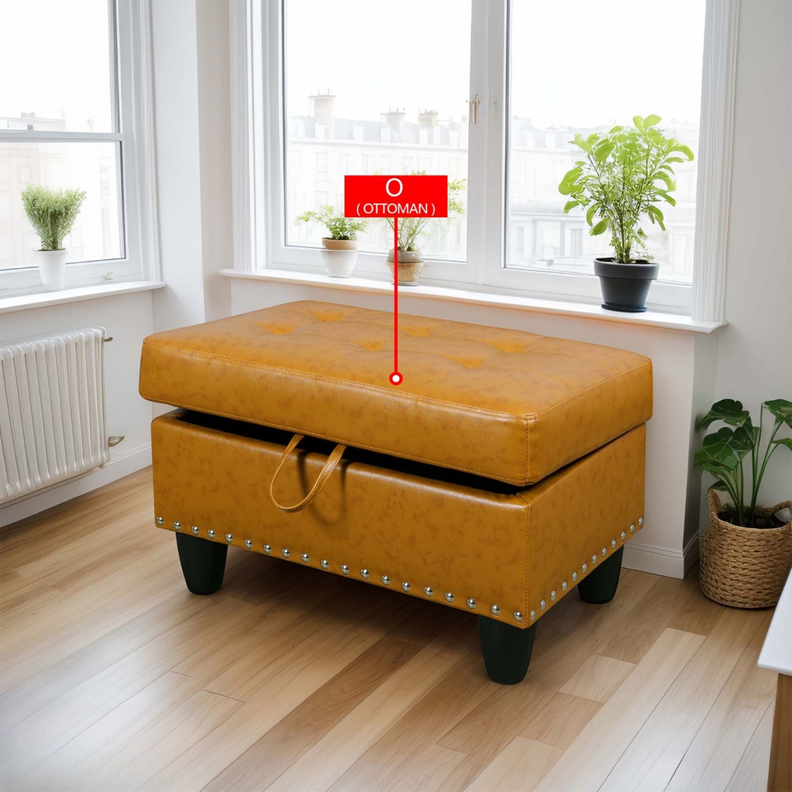Tufted mustard faux leather storage ottoman with silver nailhead trim and pull handle