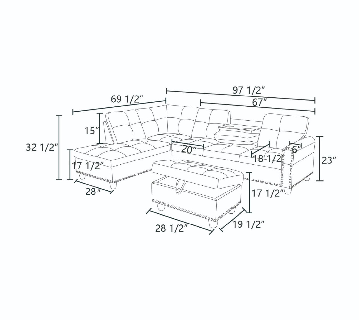 Leather tufted sectional sofa with chaise and ottoman labeled dimensions