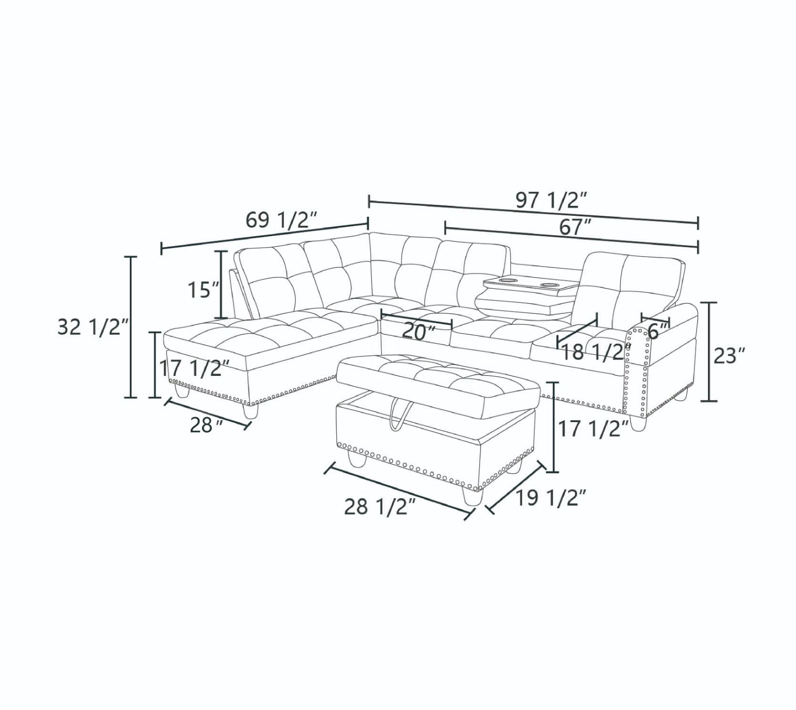 Leather tufted sectional sofa with chaise and ottoman labeled dimensions
