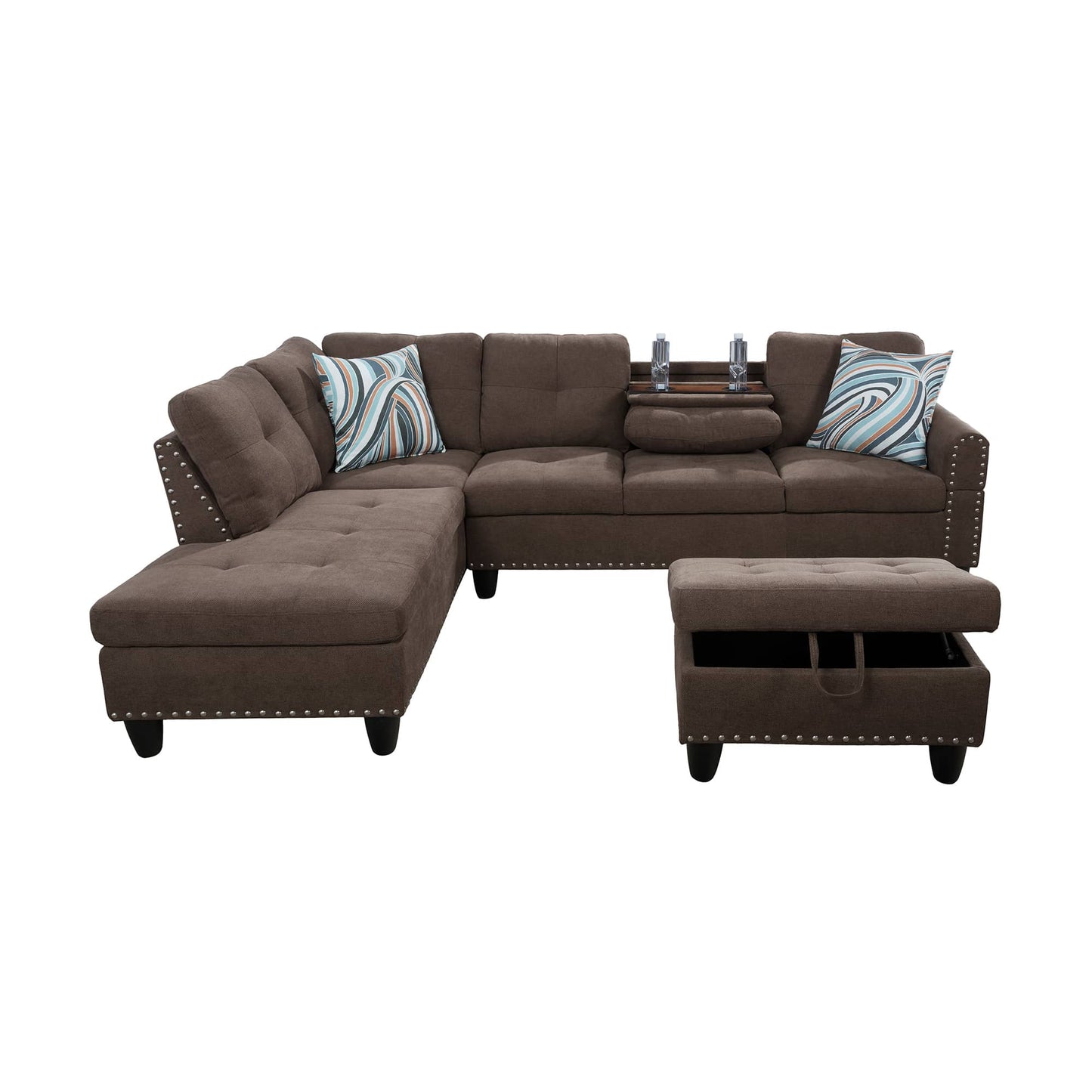 Brown sectional sofa with storage ottoman and decorative pillows living room furniture