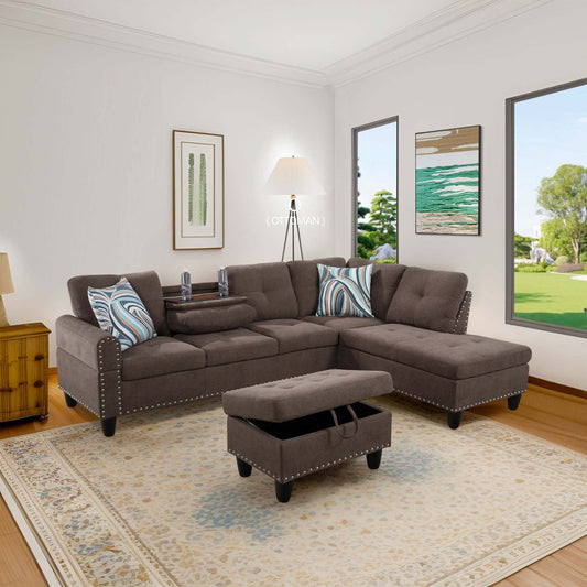 Gray sectional sofa with striped accent pillows in modern living room
