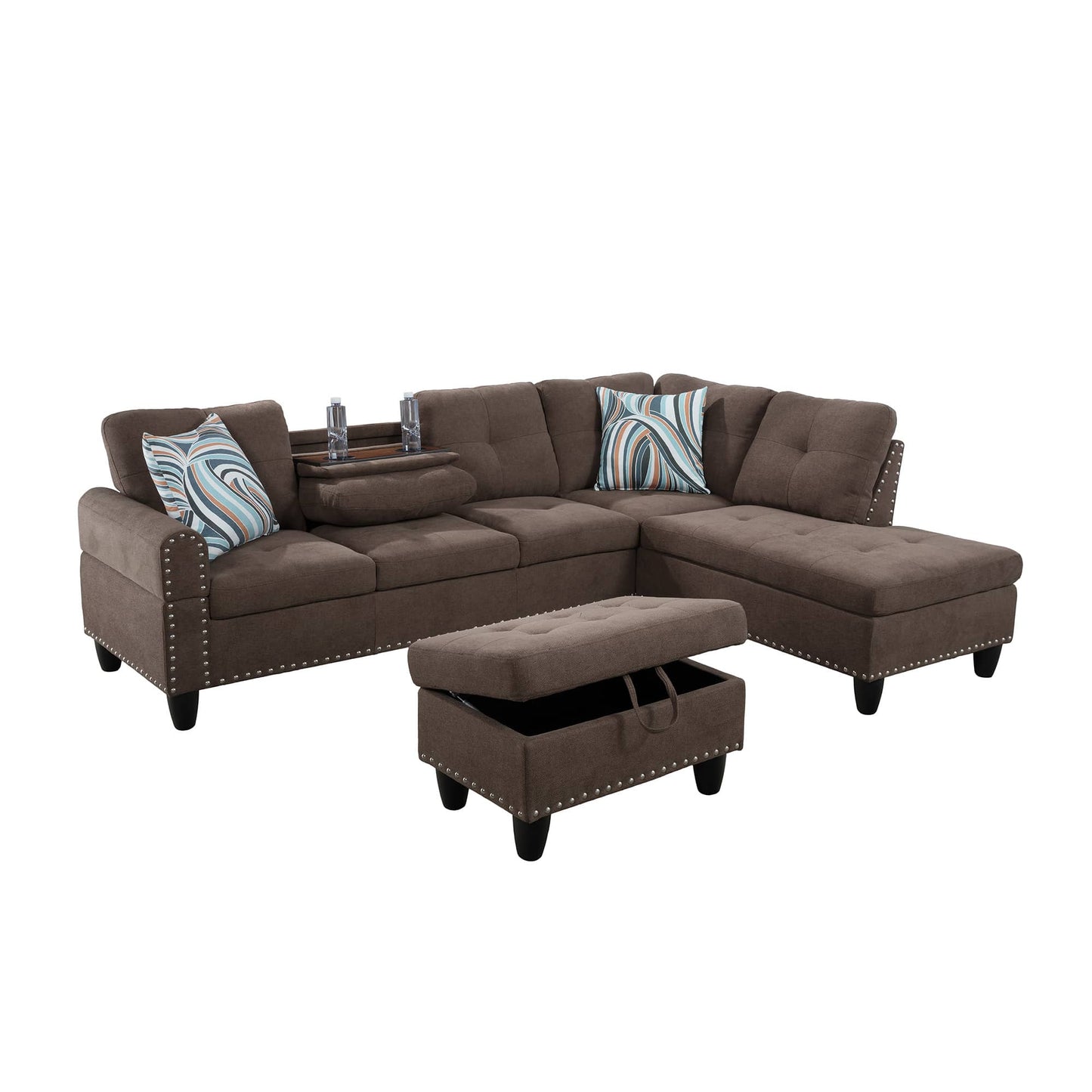 Brown sectional sofa with nailhead trim and console for living room