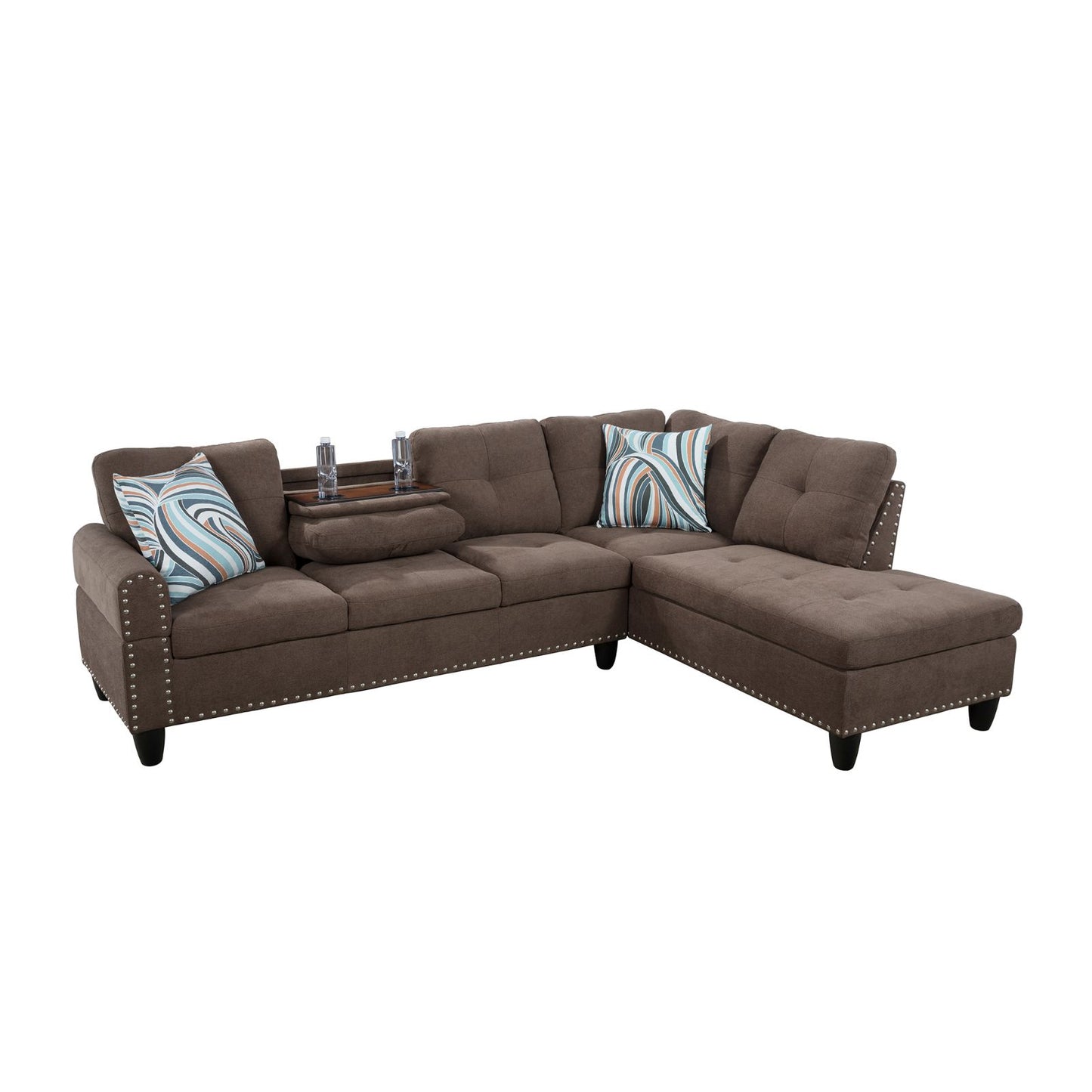 Brown sectional sofa with nailhead trim and decorative pillows modern living room furniture