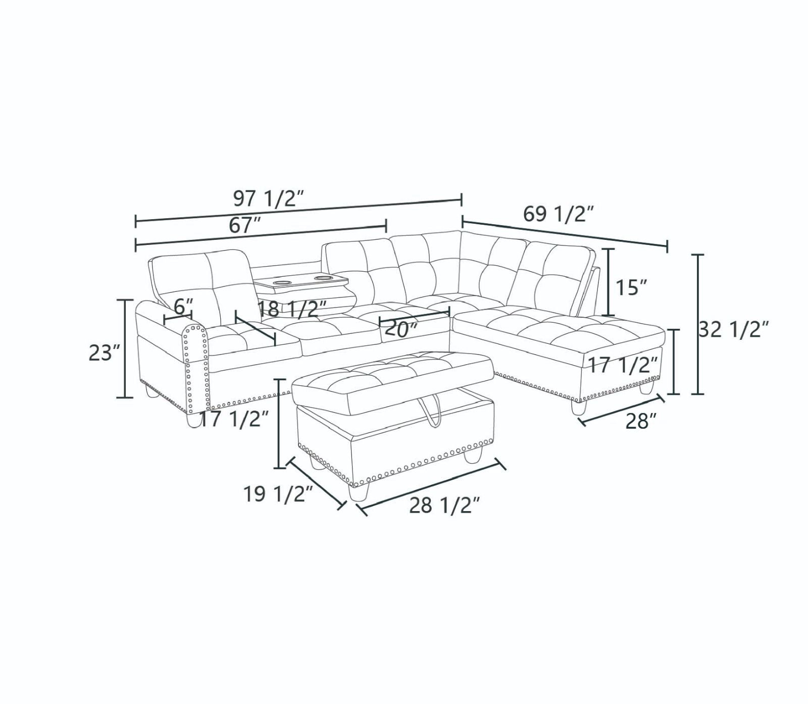 Leather tufted lshape sectional sofa dimensions drawing