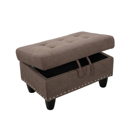 Brown tufted storage bench with nailhead trim