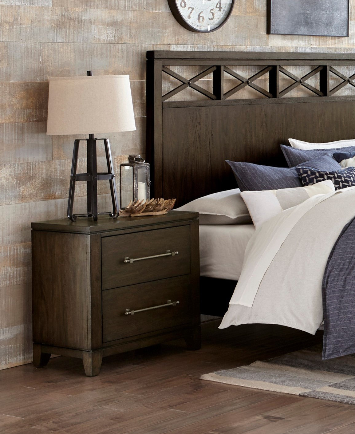Dark wood twodrawer nightstand with brushed nickel hardware