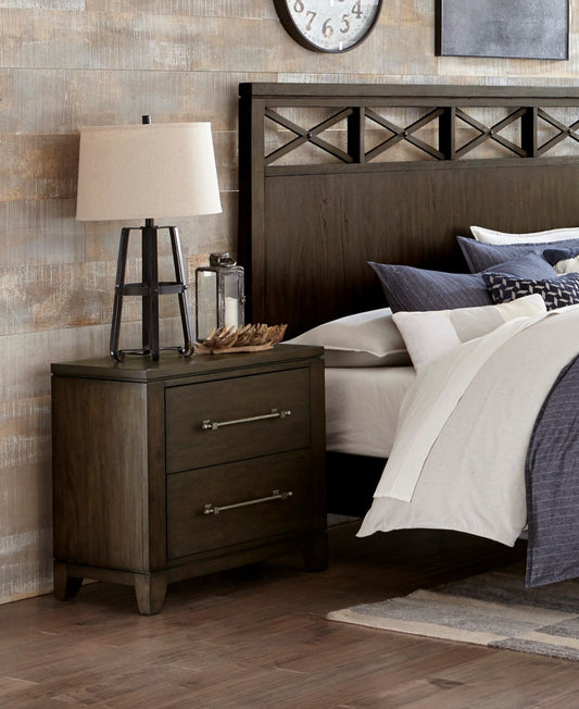 Dark wood twodrawer nightstand with brushed nickel hardware
