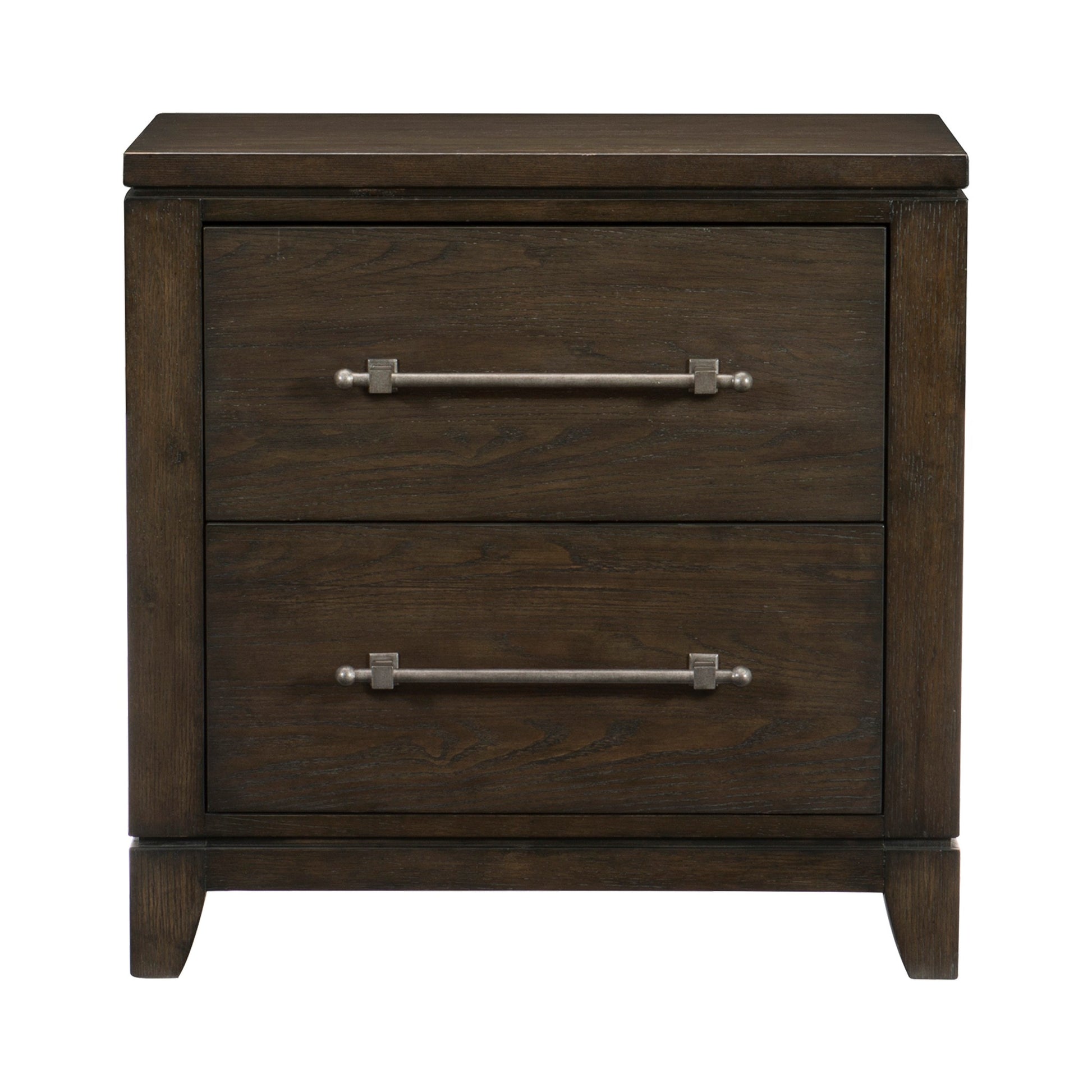Dark brown wood nightstand with two drawers and brushed nickel hardware