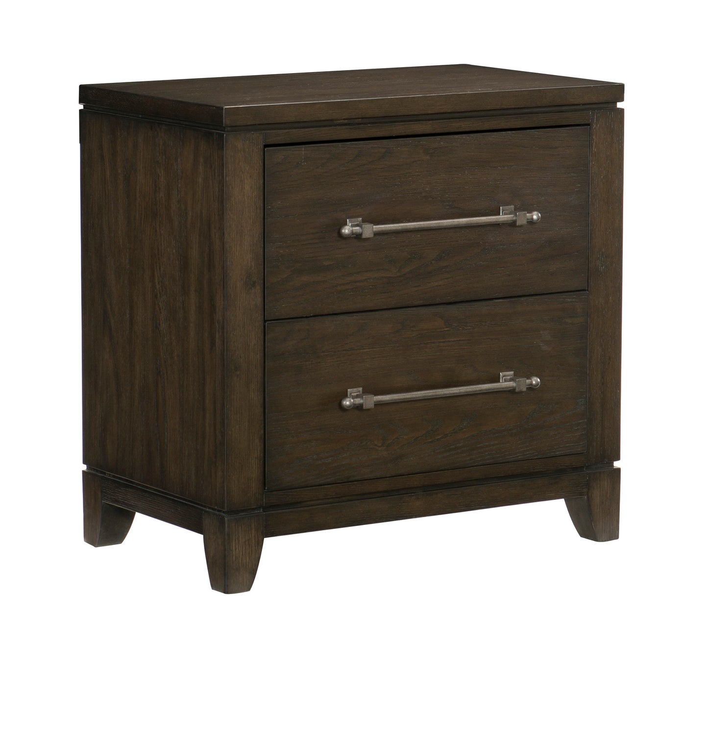 Dark wood nightstand with two drawers and brushed nickel handles