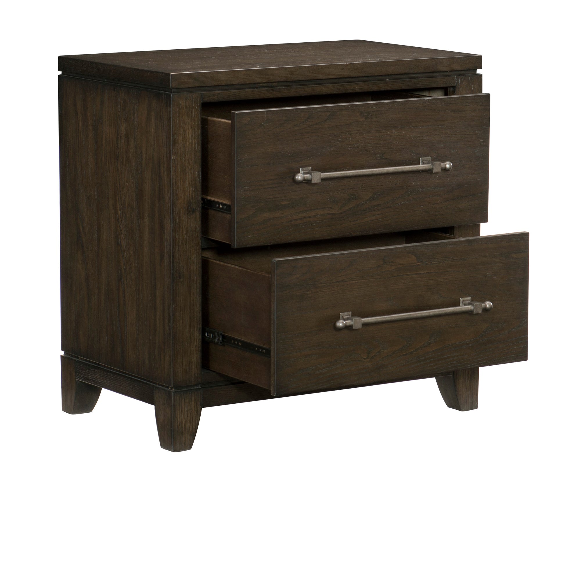 Dark wood nightstand with two drawers and brushed nickel hardware
