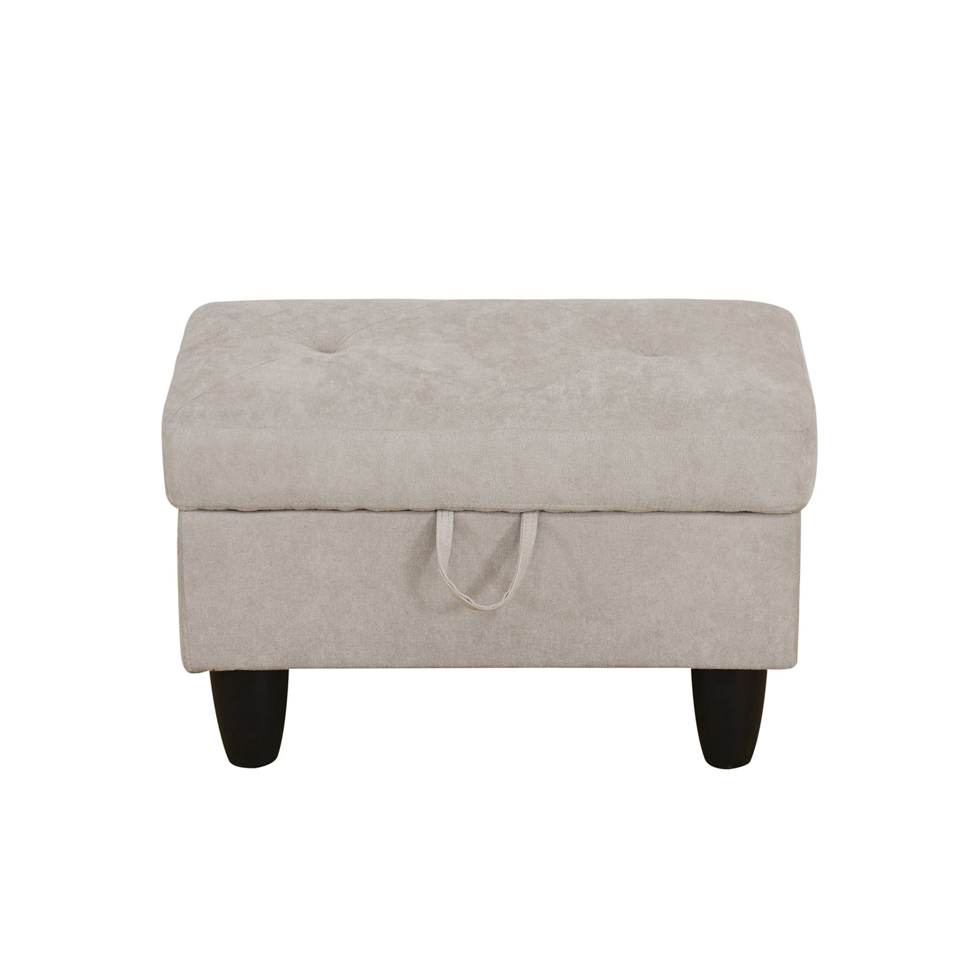 Light beige tufted storage ottoman with pullloop
