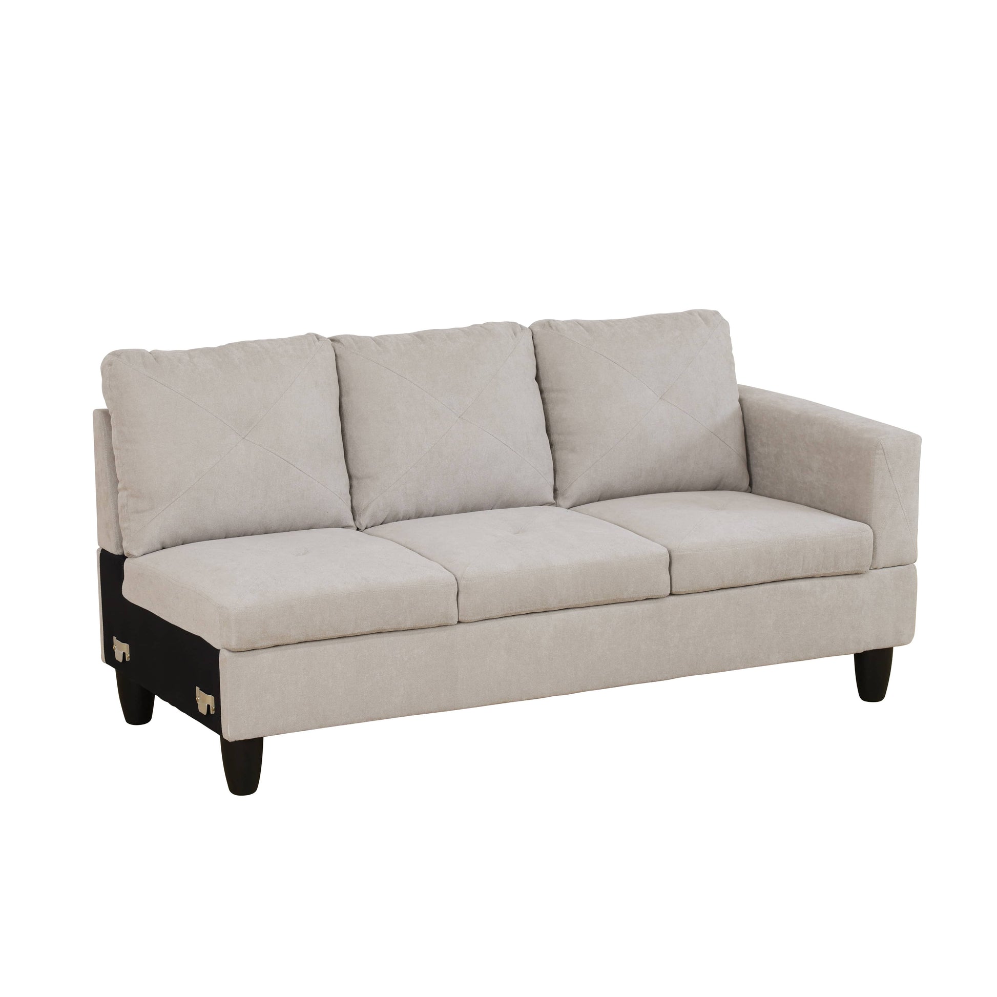 Beige upholstered threeseater sofa with diamond tufting and dark legs