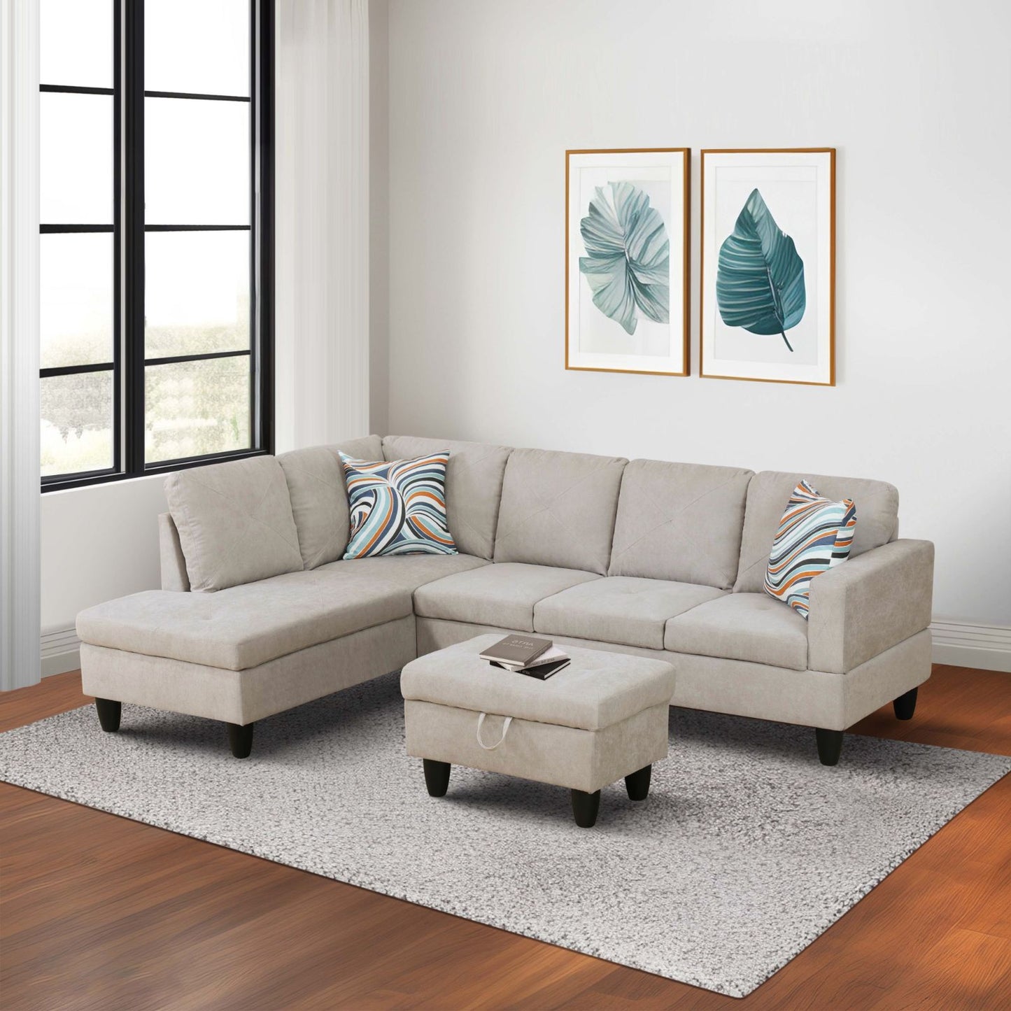 Beige Lshaped sectional sofa with ottoman and colorful pillows in modern living room  living room sofa
