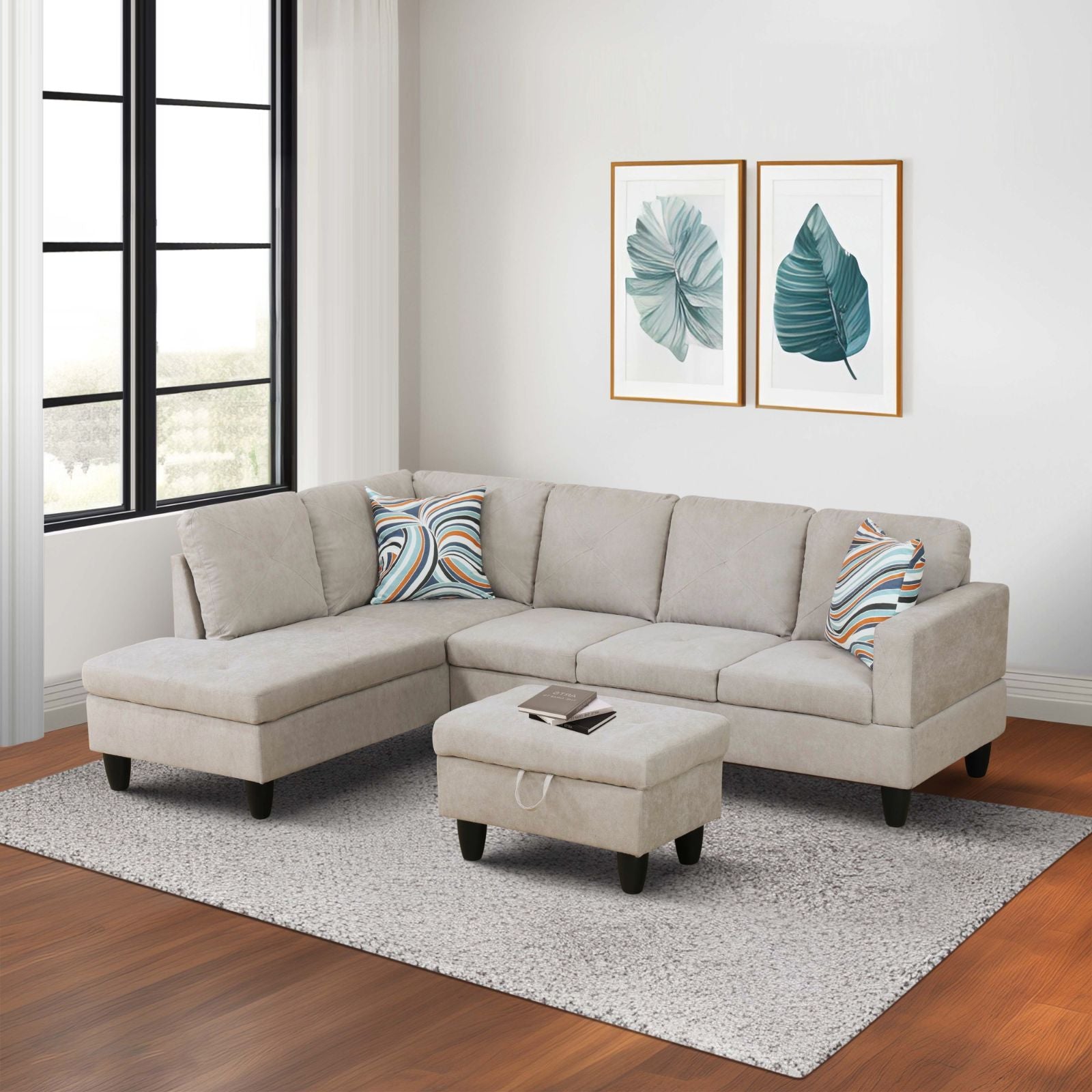 Beige Lshaped sectional sofa with ottoman and colorful pillows in modern living room  living room sofa