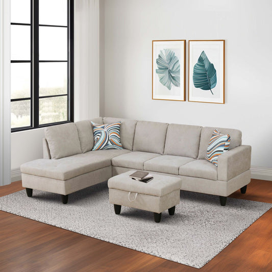 Beige Lshaped sectional sofa with ottoman and colorful pillows in modern living room  living room sofa