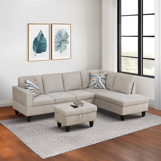 Beige fabric sectional sofa with chaise and storage ottoman