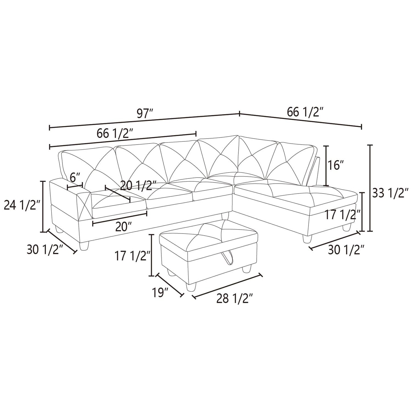 Schematic diagram of a inch tufted sectional sofa with ottoman and dimensions