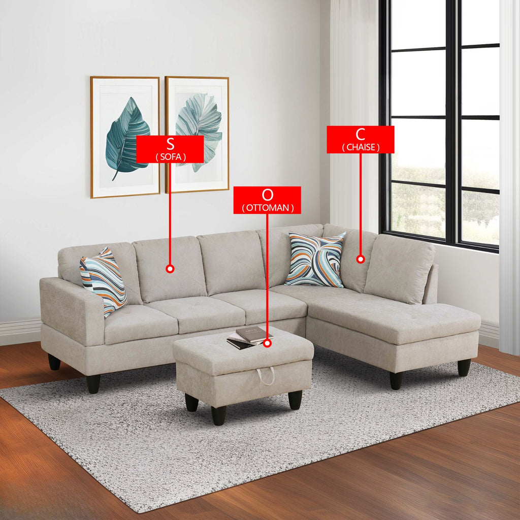 Light beige upholstered sectional sofa with chaise lounge and matching ottoman