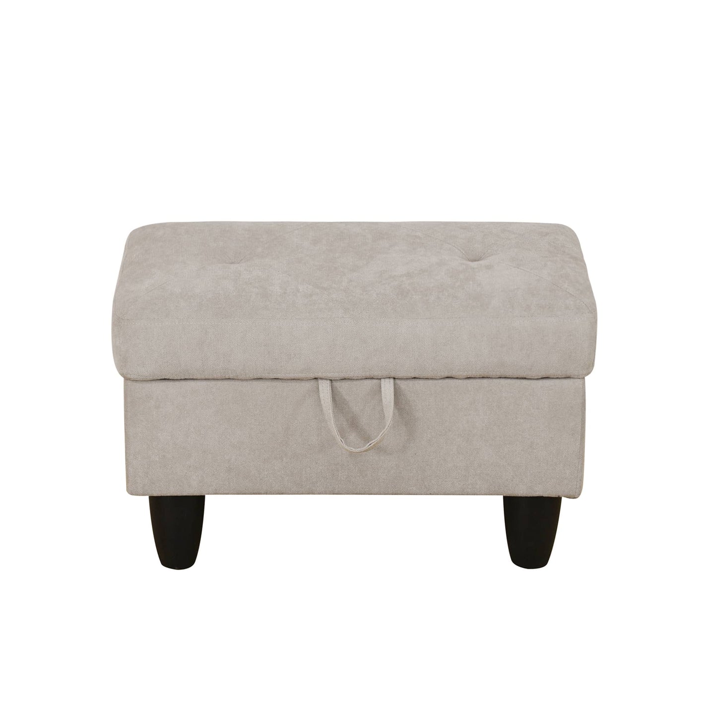 Tufted grey fabric storage ottoman with dark tapered legs