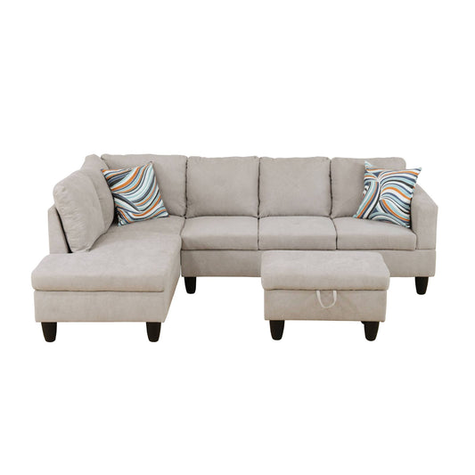 Light gray linen sectional sofa with chaise and storage ottoman