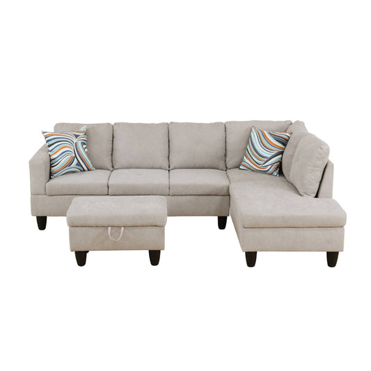 Beige sectional sofa with diamond tufted back and striped accent pillows