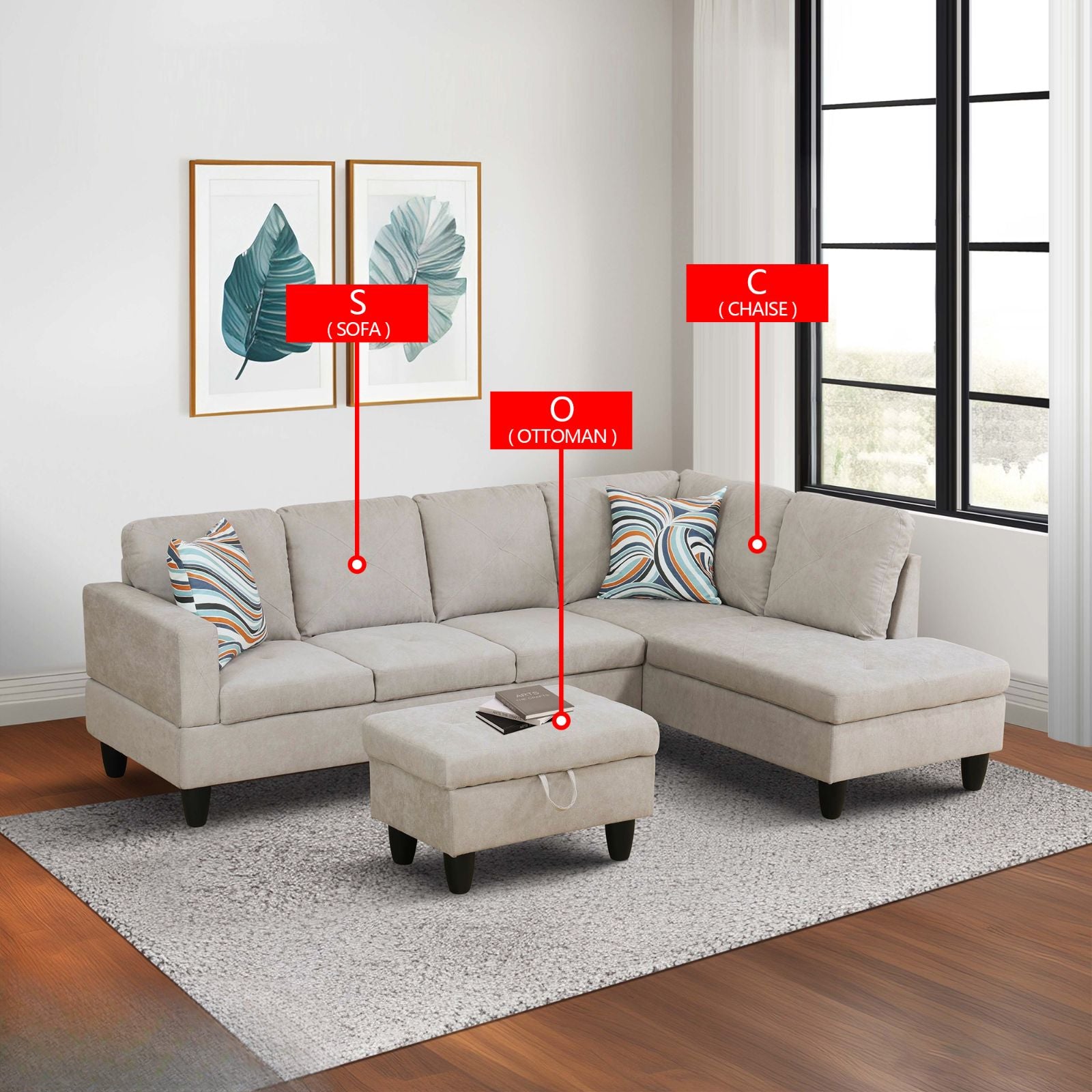 Beige fabric sectional sofa with chaise and storage ottoman