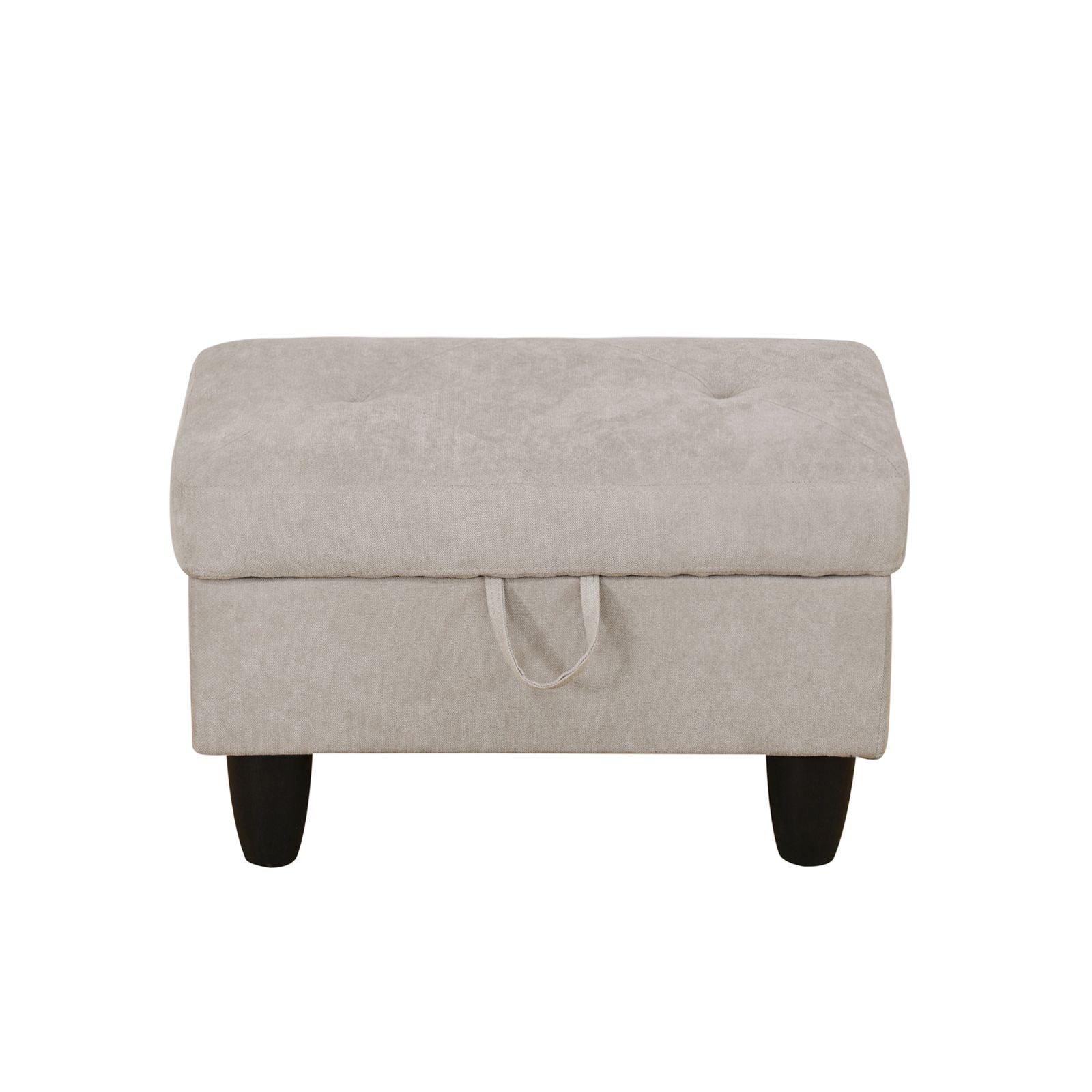 Beige tufted storage ottoman with black tapered legs and fabric pull loop