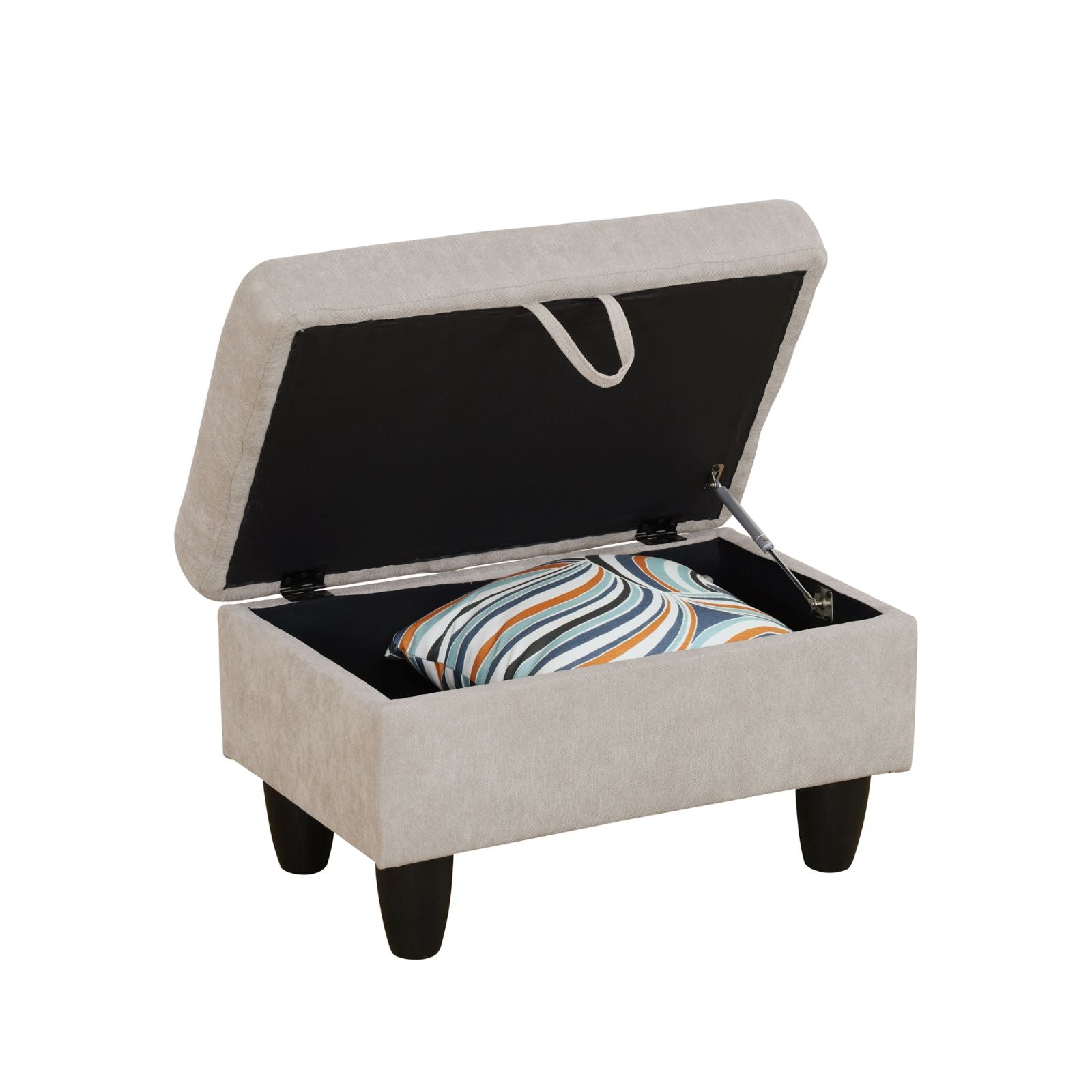 Beige fabric storage ottoman with multicolor striped pillow inside