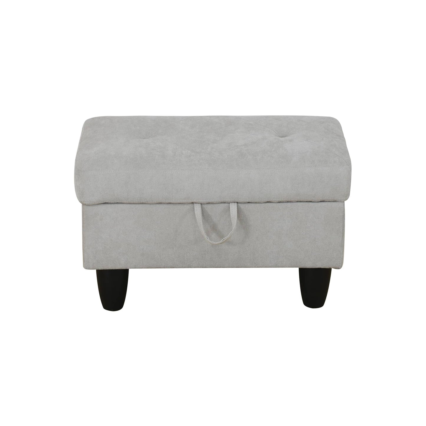 Grey fabric ottoman with tufted top and storage compartment