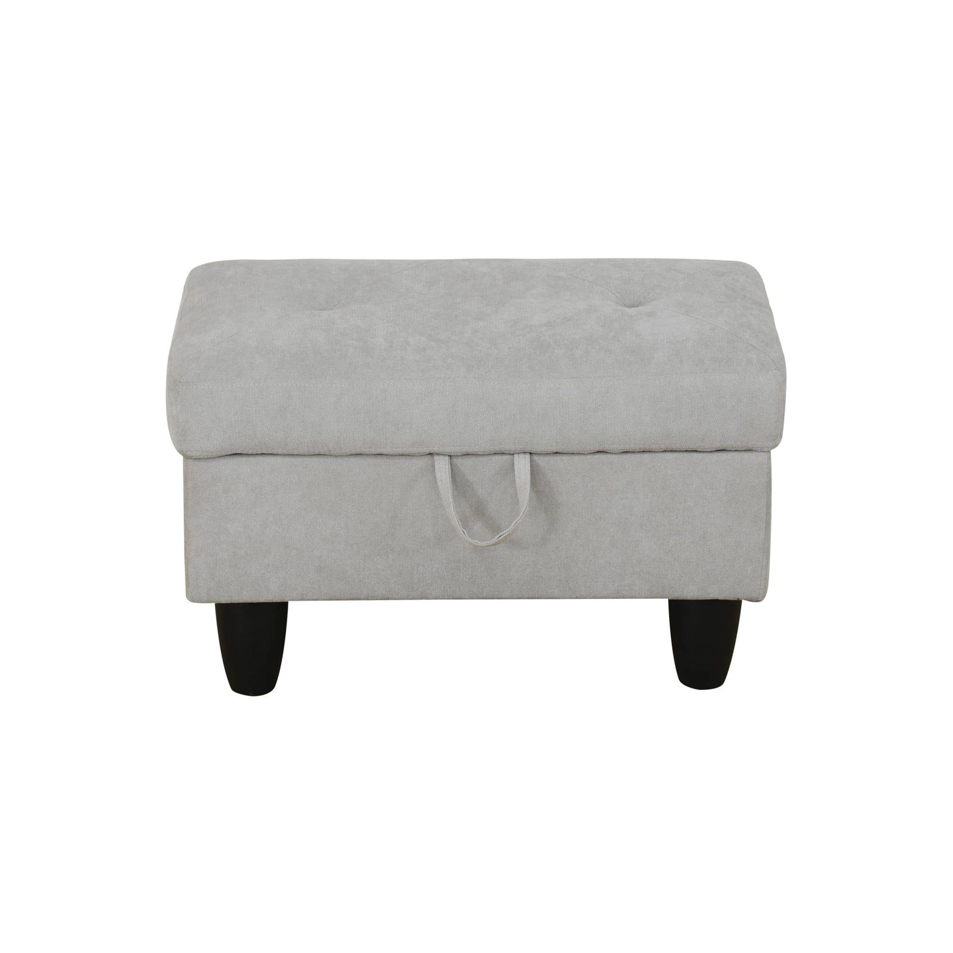 Grey fabric ottoman with tufted top and storage compartment