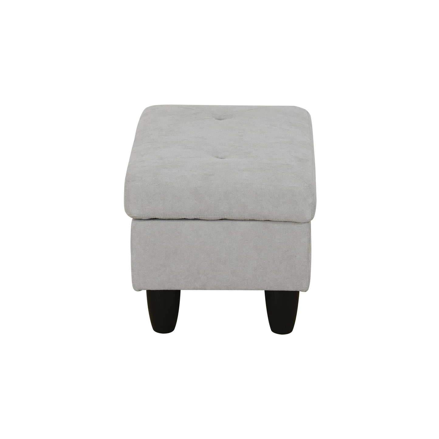 Grey fabric ottoman with tufted top and black tapered legs