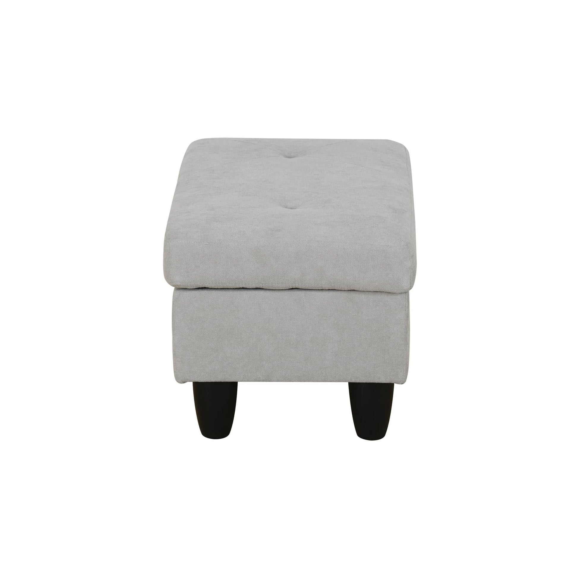 Grey fabric ottoman with tufted top and black tapered legs