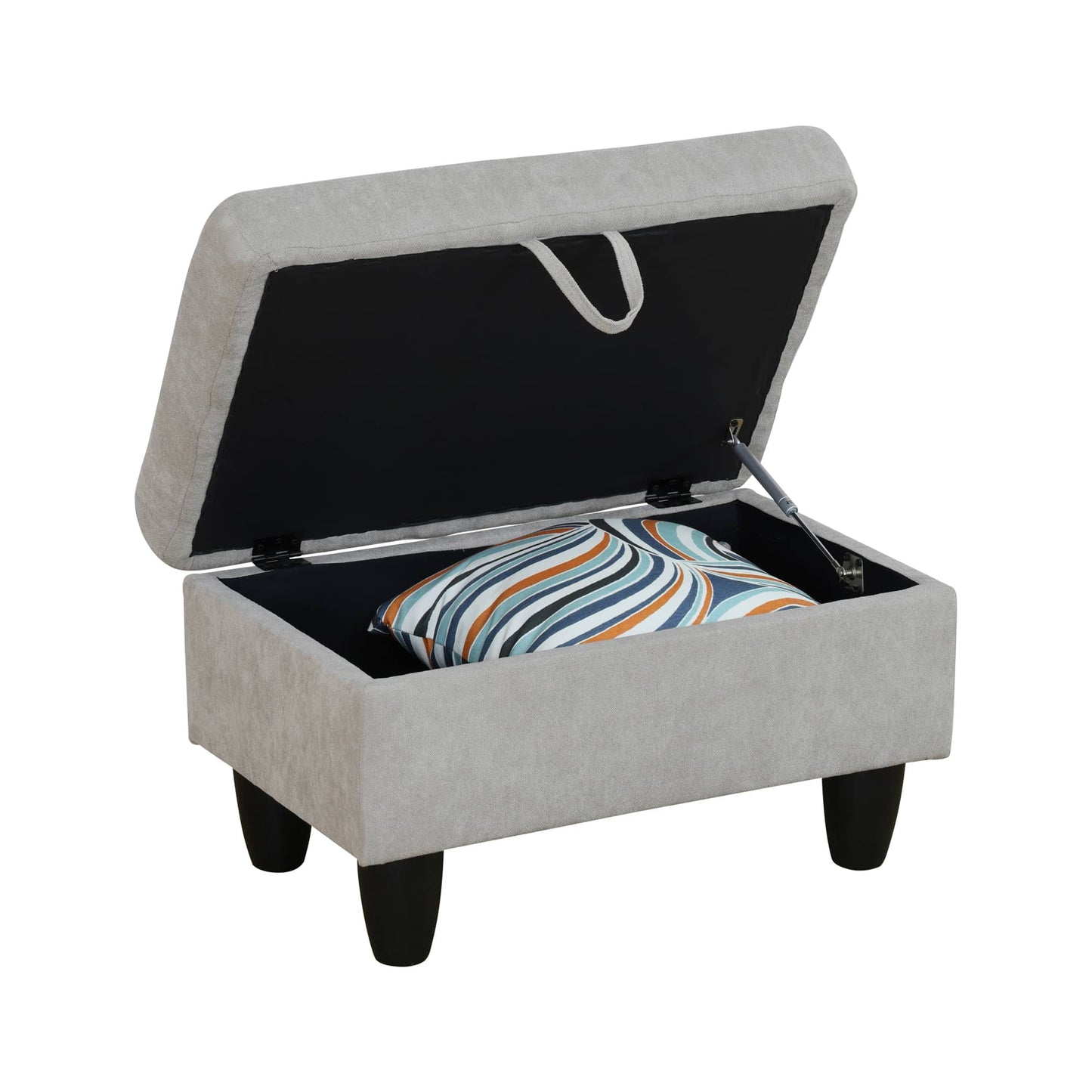 Grey fabric storage ottoman with open lid