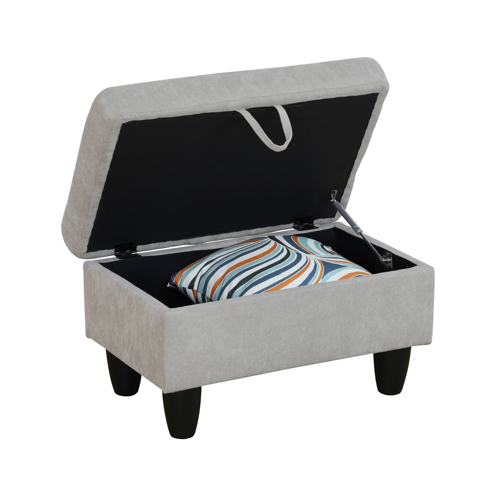 Grey fabric storage ottoman with open lid