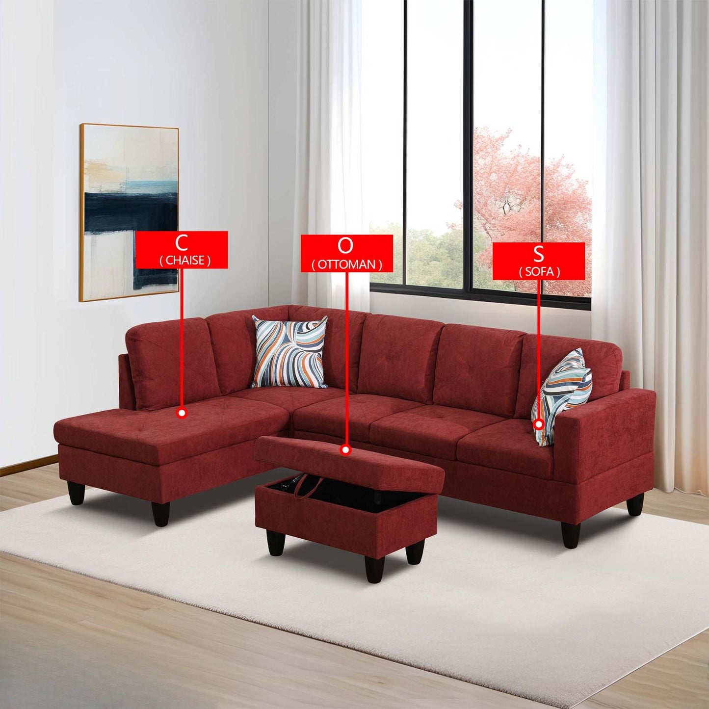 Red fabric sectional sofa with chaise and storage ottoman
