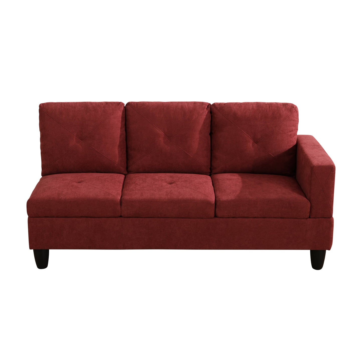 Red fabric sectional sofa with tufted cushions