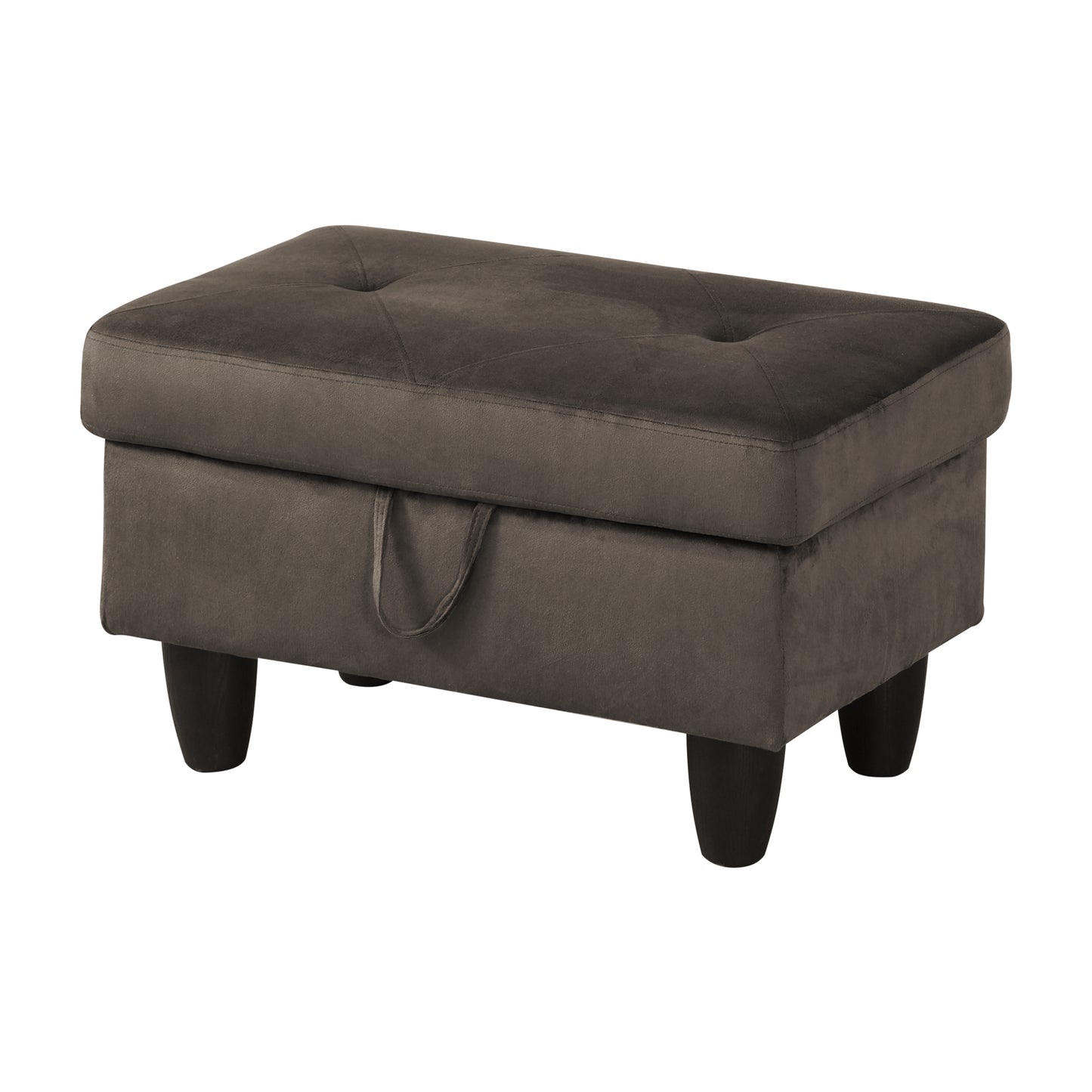 Brown velvet storage ottoman with tufted top and dark wooden legs