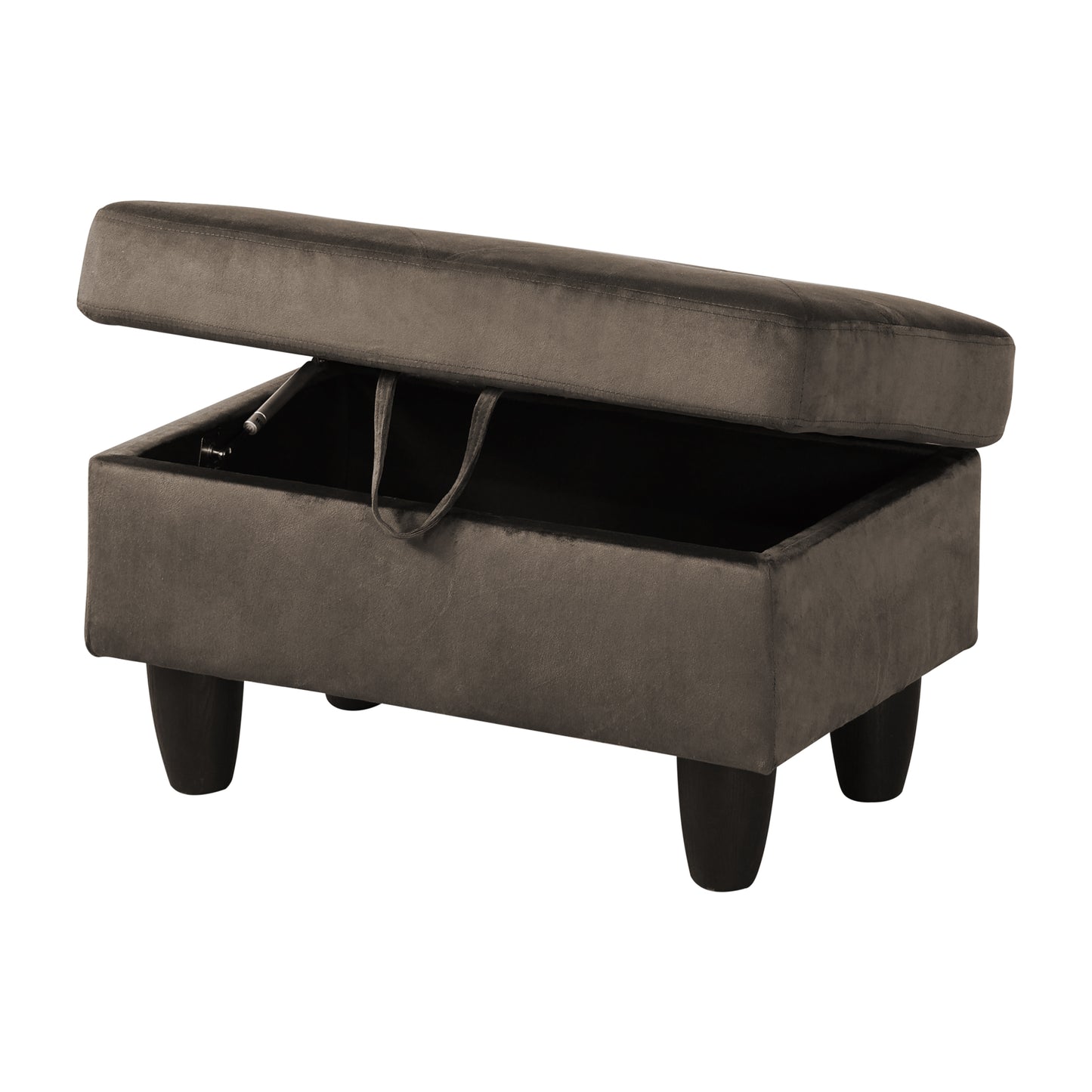 Grey velvet storage ottoman with lifttop lid and dark tapered legs