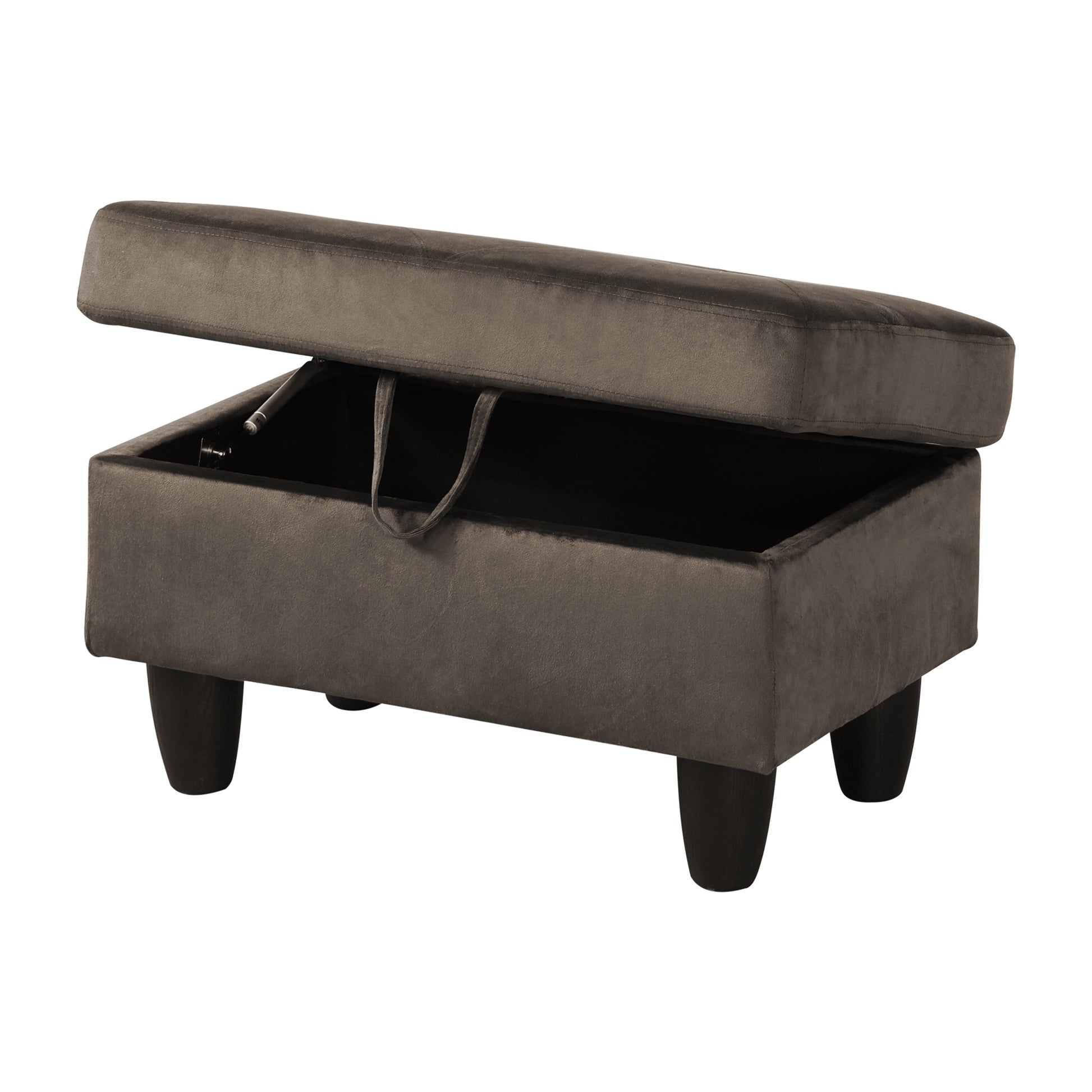 Grey velvet storage ottoman with lifttop lid and dark tapered legs