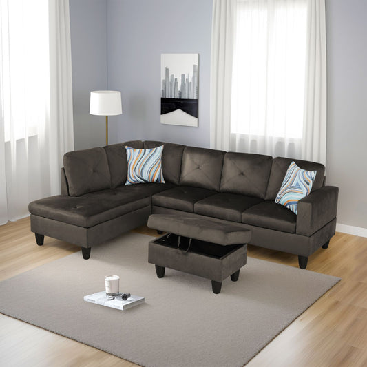 Dark brown velvet sectional sofa with storage ottoman