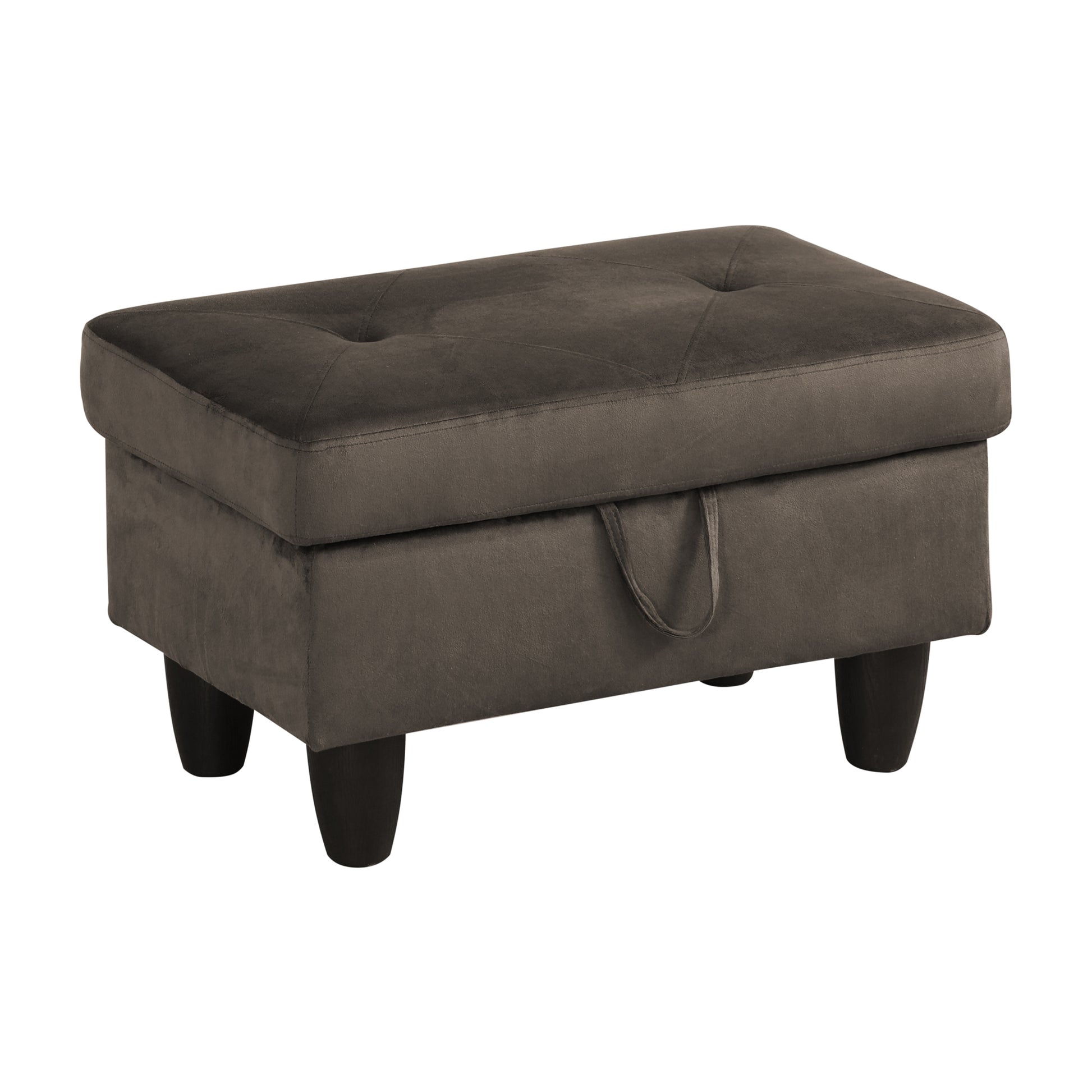 Brown velvet storage ottoman with tufted lid and dark tapered legs