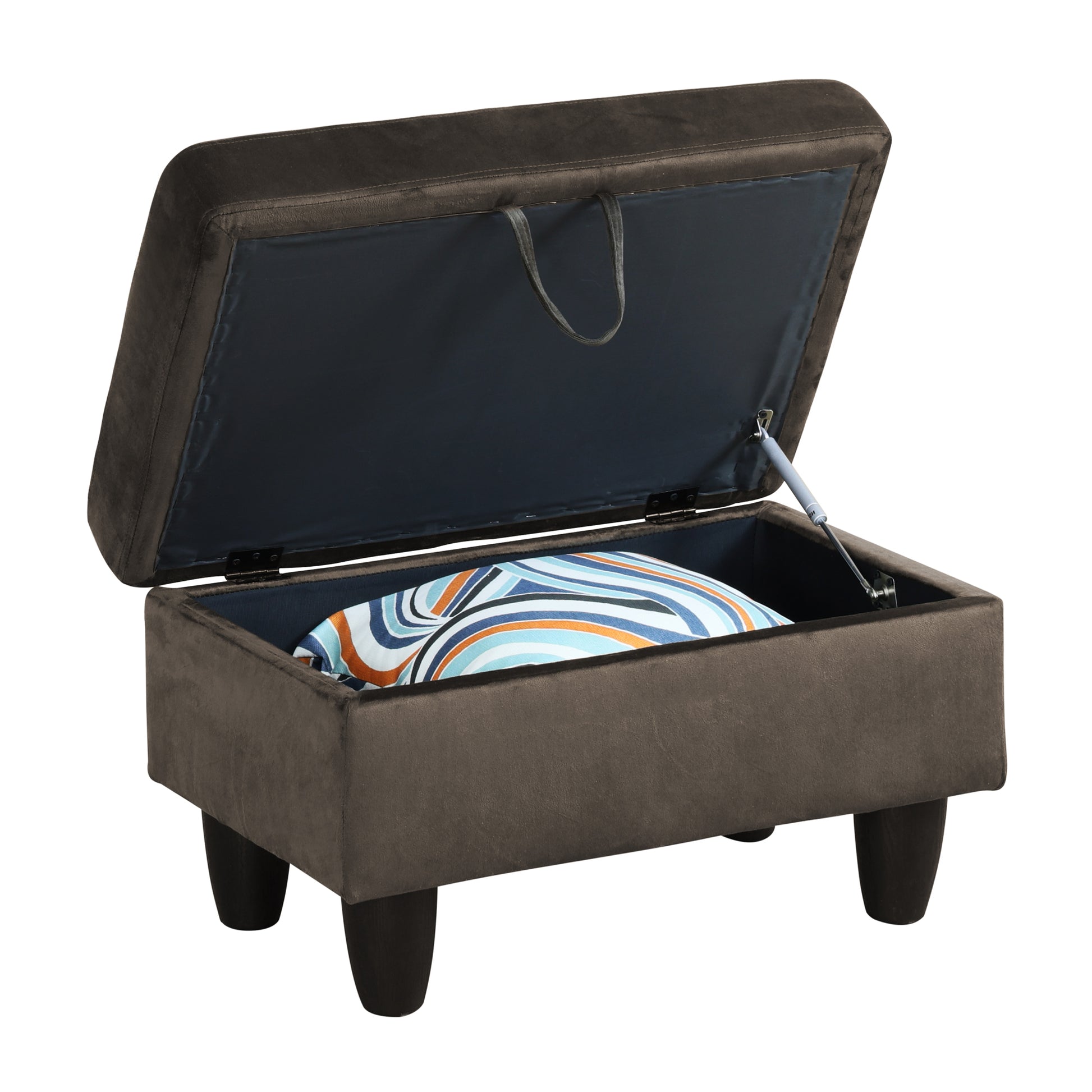 Brown velvet storage ottoman with open lid revealing striped pillow
